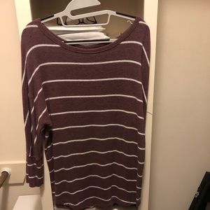 Purple and white striped, 3/4 length sleeve from Stichfix. Soft material